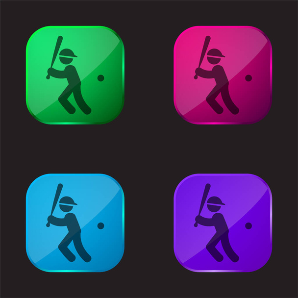 Παίκτης του μπέιζμπολ με μπάλα νυχτερίδα και καπάκι τέσσερις εικονίδιο γυαλί χρώμα κουμπί - Διάνυσμα, εικόνα