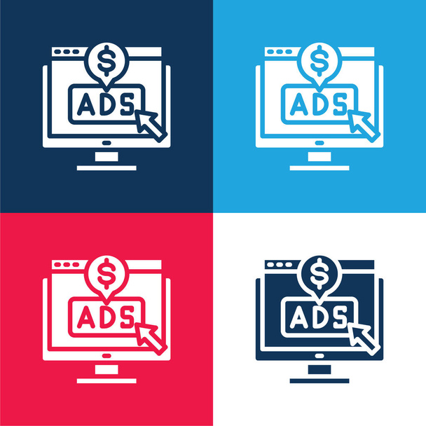 Reklám kék és piros négy szín minimális ikon készlet - Vektor, kép