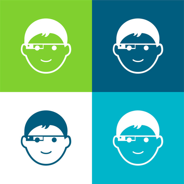 Cara de niño con gafas de Google plana de cuatro colores mínimo icono conjunto - Vector, Imagen