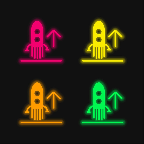 Wznoszący się statek rakietowy cztery kolory świecące neon wektor ikona - Wektor, obraz