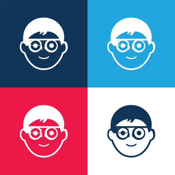 Cara de niño con gafas graduadas circulares y gafas de Google azul y rojo de cuatro colores mínimo icono conjunto - Vector, imagen