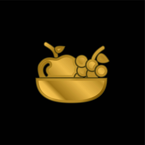 Apple And Grapes on a Bowl gold platted metalic icon or logo vector - Вектор,изображение