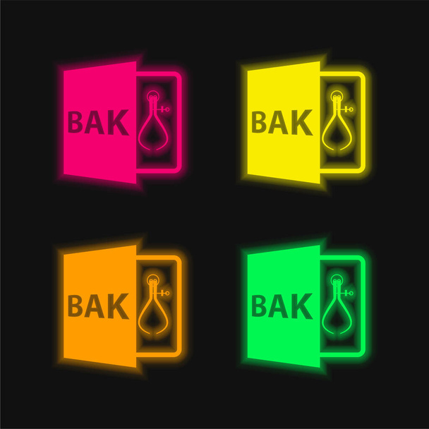 BAK Dateiformat Symbol vier Farben leuchtende Neon-Vektorsymbol - Vektor, Bild