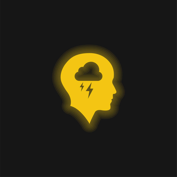 Kale hoofd met wolk en storm geel gloeiende neon pictogram - Vector, afbeelding