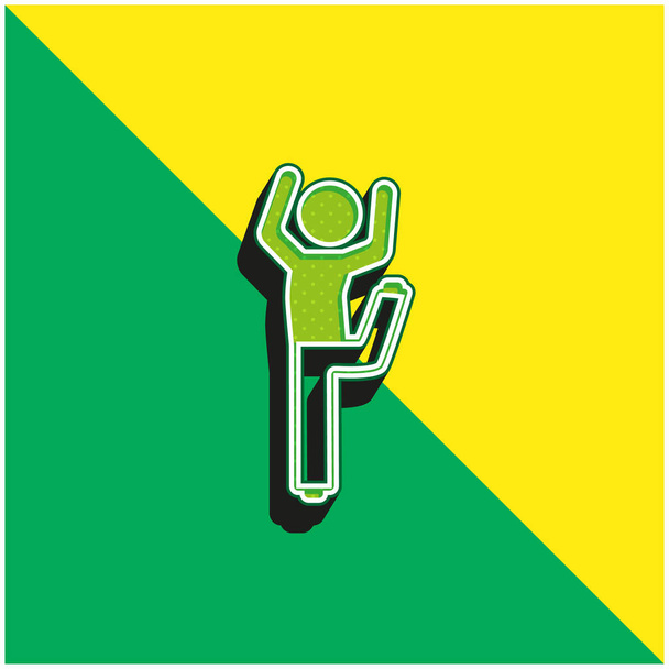 Chłopiec z zgiętymi nogami i ramionami w górę Zielone i żółte nowoczesne logo wektora 3D - Wektor, obraz