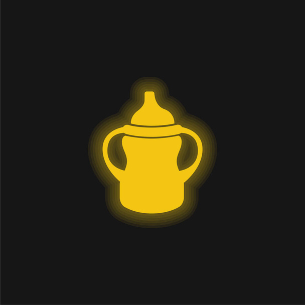 Dětská láhev varianta s rukojetí na obou stranách žlutě zářící neon ikona - Vektor, obrázek