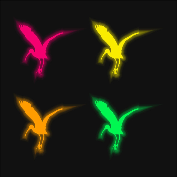 Forma de cigüeña pájaro cuatro colores brillante icono de vectores de neón - Vector, Imagen