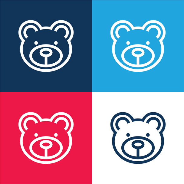 Medvěd Tvář modrá a červená čtyři barvy minimální ikona nastavena - Vektor, obrázek