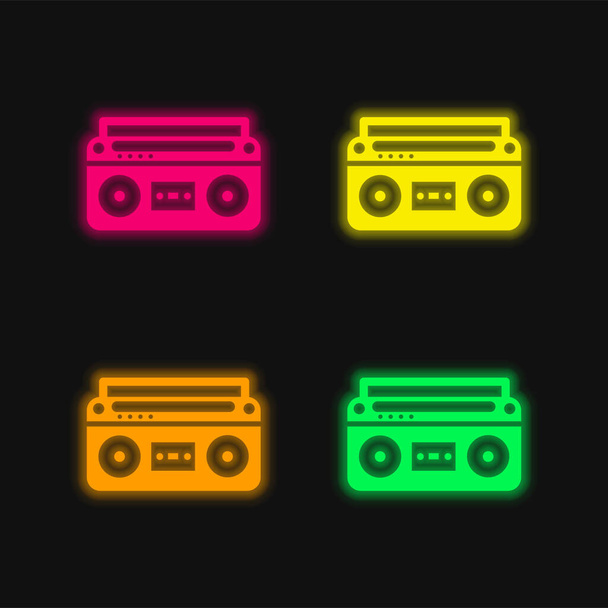 コントロールと設定を持つブームボックス4色の輝くネオンベクトルアイコン - ベクター画像