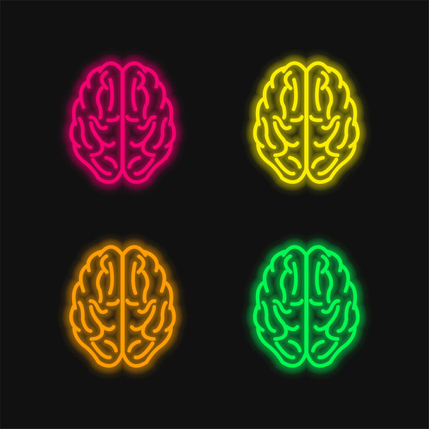 Brain Upper View Outline four color glowing neon vector icon - Vector, Image