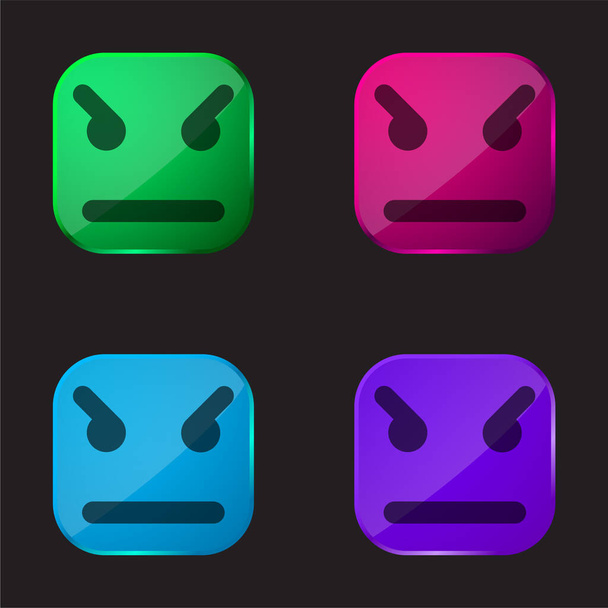 Θυμωμένος Emoticon Square Face τέσσερις εικονίδιο κουμπί γυαλί χρώμα - Διάνυσμα, εικόνα