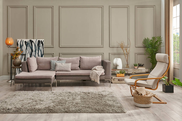 Grey sofa in the brown wall,wooden bench poster and frame style, carpet chair. - Photo, Image