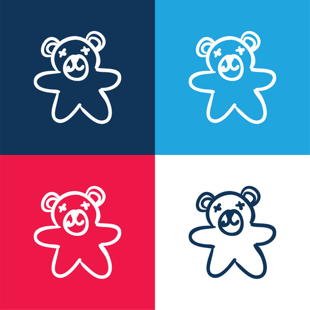 Bear Hand Drawn Παιχνίδι μπλε και κόκκινο τεσσάρων χρωμάτων ελάχιστο σύνολο εικονιδίων - Διάνυσμα, εικόνα