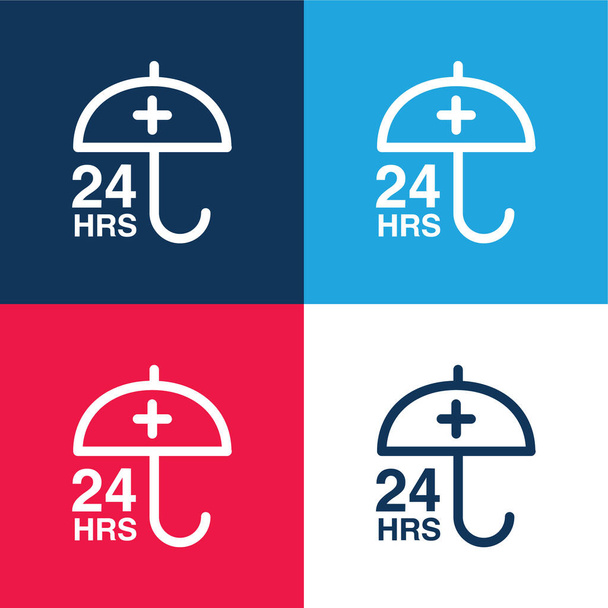 24 ώρες προστασίας σημάδι με μια ομπρέλα μπλε και κόκκινο τεσσάρων χρωμάτων ελάχιστο σύνολο εικονιδίων - Διάνυσμα, εικόνα