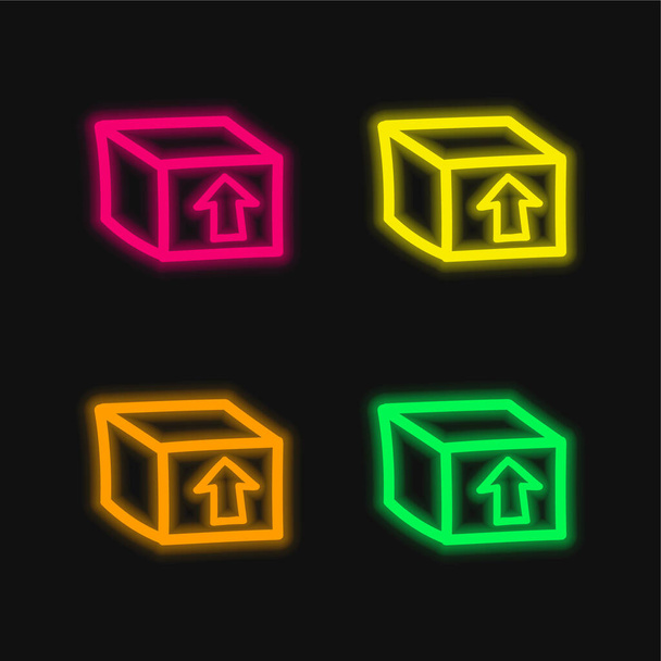 Pacchetto scatola con un'icona vettoriale al neon incandescente a quattro colori del simbolo disegnato a mano con freccia su - Vettoriali, immagini