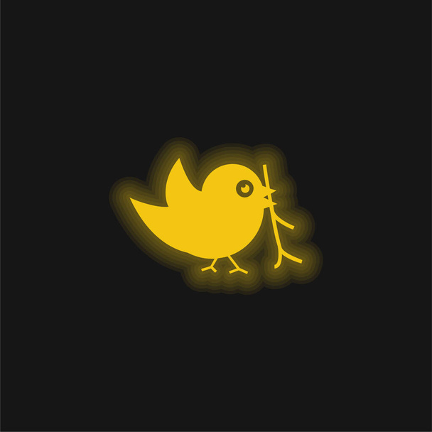 Gagasında Sprig olan kuş. Parlayan sarı neon ikonu. - Vektör, Görsel