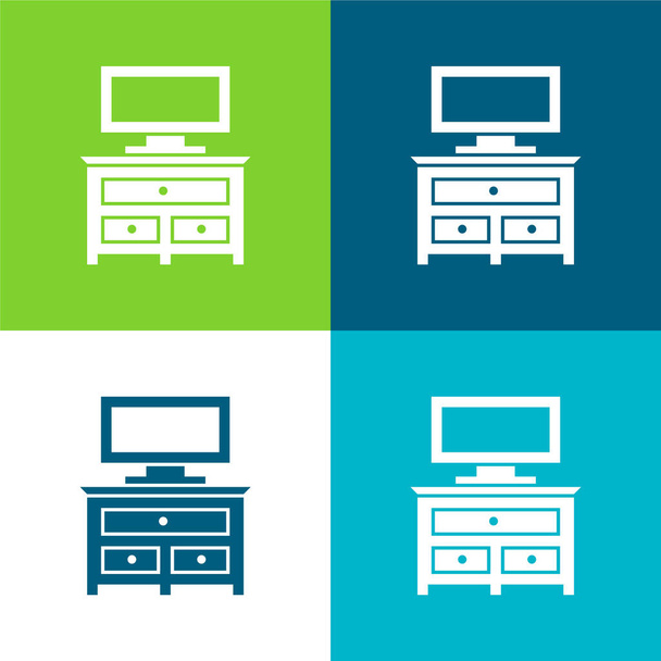 Bedroom Drawer Furniture With Tv Monitor Flat four color minimal icon set - Vector, Image