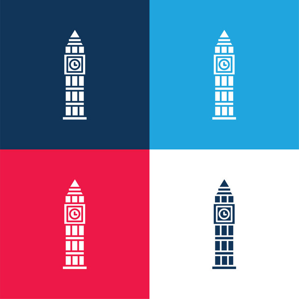Big Ben синий и красный четыре цвета минимальный набор значков - Вектор,изображение
