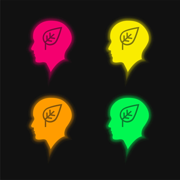 Cabeça careca com folha ícone de vetor de néon brilhante de quatro cores - Vetor, Imagem