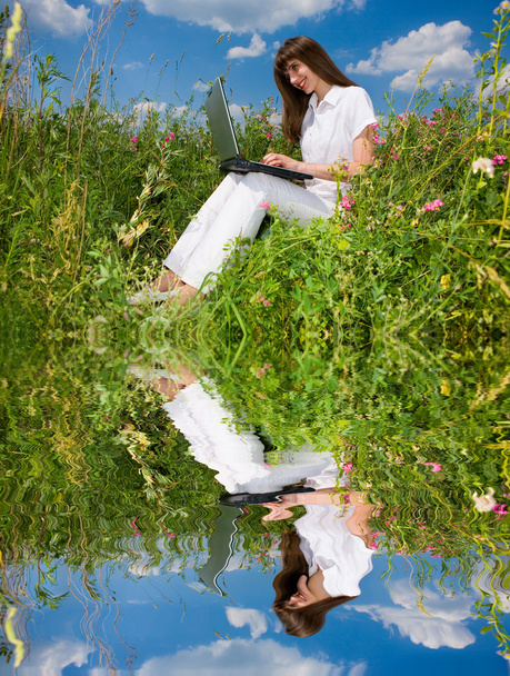 Jeune femme sur le champ d'herbe avec un ordinateur portable
 - Photo, image