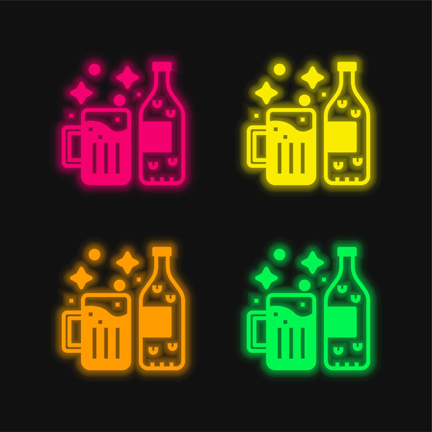 Пиво четыре цвета светящийся неоновый вектор значок - Вектор,изображение