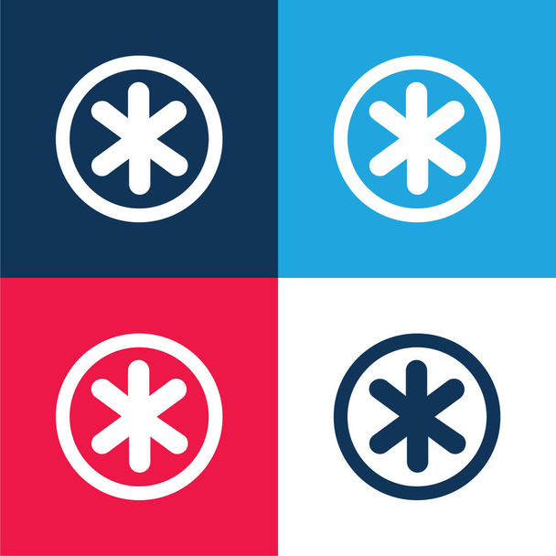 Asterisk Star Symbol En Circular Button azul y rojo conjunto de iconos mínimos de cuatro colores - Vector, Imagen