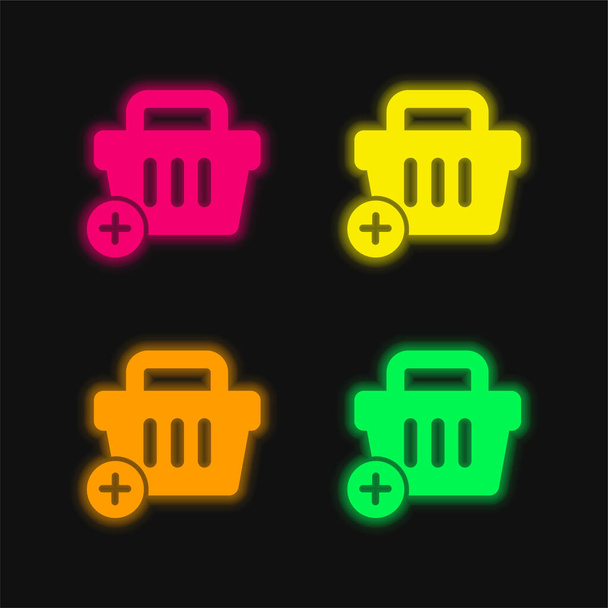 Add To Basket E Commerce Button four color glowing neon vector icon - Vector, Image
