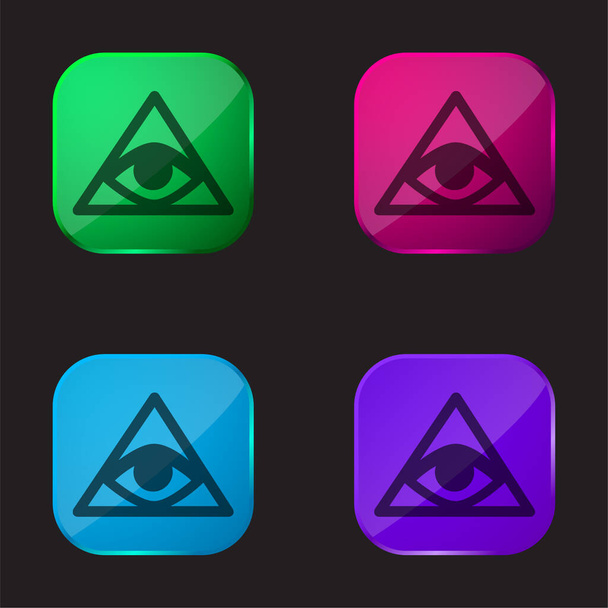Facturas Símbolo de un ojo dentro de un triángulo o pirámide icono de botón de cristal de cuatro colores - Vector, imagen