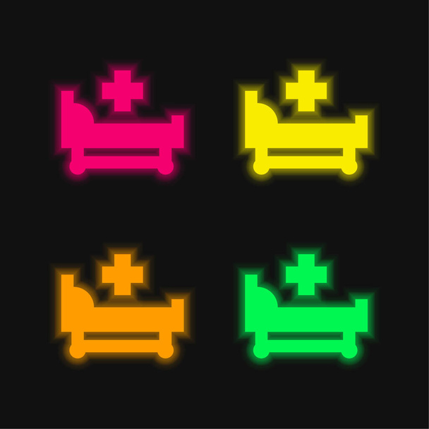 Łóżko cztery kolor świecący neon wektor ikona - Wektor, obraz