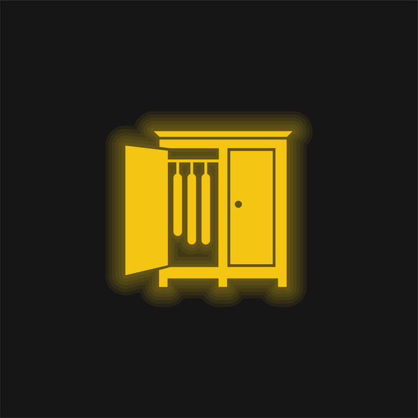Ντουλάπα κρεβατοκάμαρας με ανοιγμένη πόρτα της πλευράς για να κρεμάσετε ρούχα κίτρινο λαμπερό νέον εικονίδιο - Διάνυσμα, εικόνα