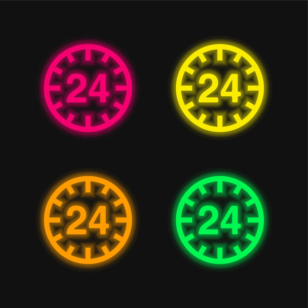 24 horas de sinal circular ícone de vetor de néon brilhante de quatro cores - Vetor, Imagem