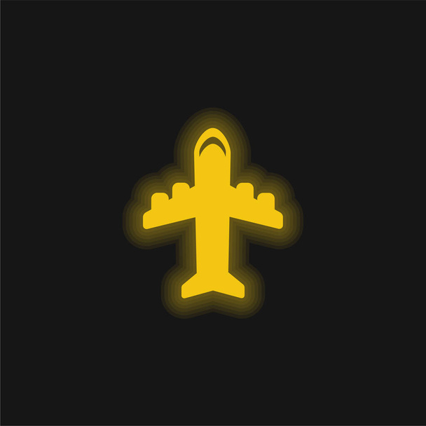 Самолет с четырьмя двигателями желтый светящийся неоновый значок - Вектор,изображение