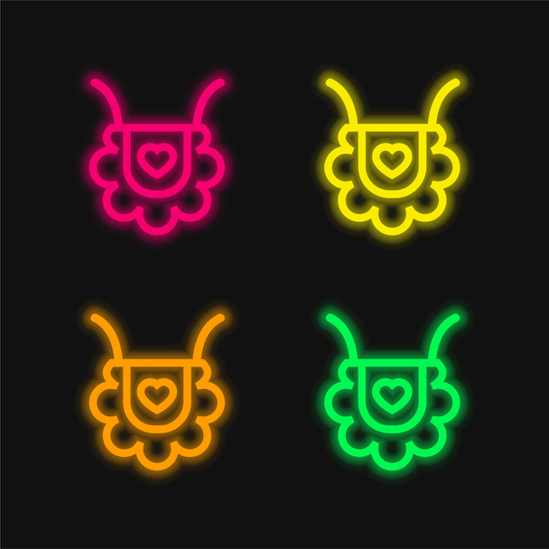 Baby Bib vázlat szív alakú négy színű izzó neon vektor ikon - Vektor, kép