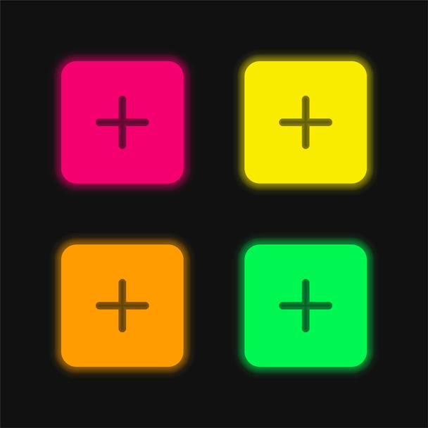 Adding Black Square Button Interface Symbol four color glowing neon vector icon - Vector, Image