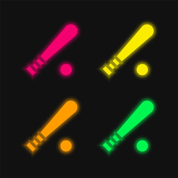 Baseball Bat quattro colori incandescente icona al neon vettore - Vettoriali, immagini