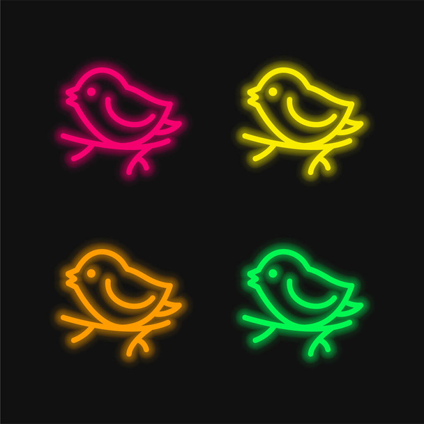 Vogel auf Zweig vier Farbe leuchtenden Neon-Vektor-Symbol - Vektor, Bild