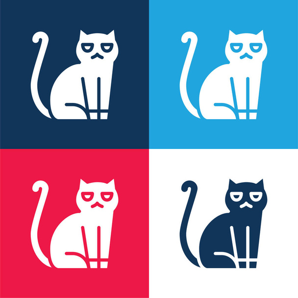 Gato negro azul y rojo conjunto de iconos mínimo de cuatro colores - Vector, Imagen
