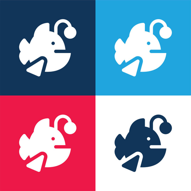 Anglerfish niebieski i czerwony zestaw czterech kolorów minimalny zestaw ikon - Wektor, obraz