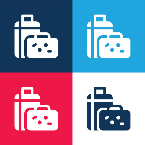 Equipaje azul y rojo conjunto de iconos mínimo de cuatro colores - Vector, Imagen