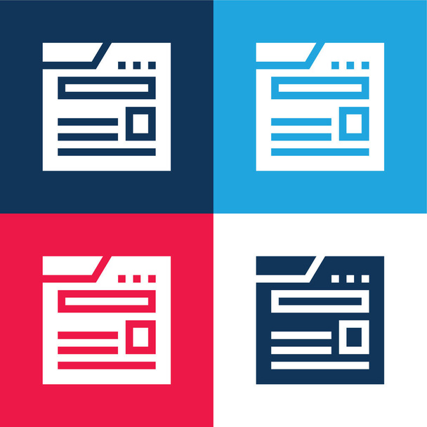 Bloggen blauw en rood vier kleuren minimale pictogram set - Vector, afbeelding