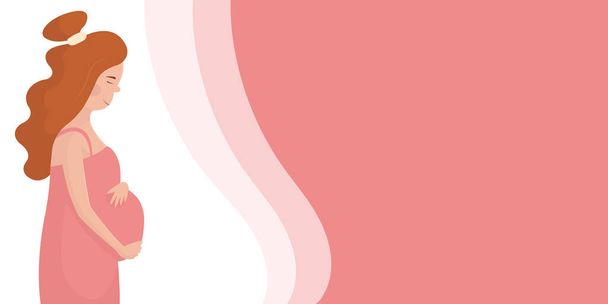 Modello di design banner per l'ospedale di maternità, il centro perinatale, la scuola per le donne incinte. Cartone animato illustrazione piatta di giovane donna incinta bianca. Buona gravidanza, maternita '. Sfondo poster - Vettoriali, immagini