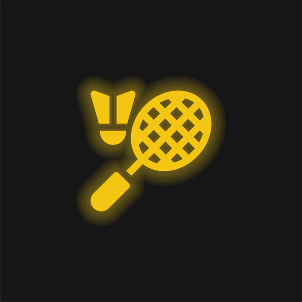 Бадминтонный жёлтый светящийся неоновый значок - Вектор,изображение