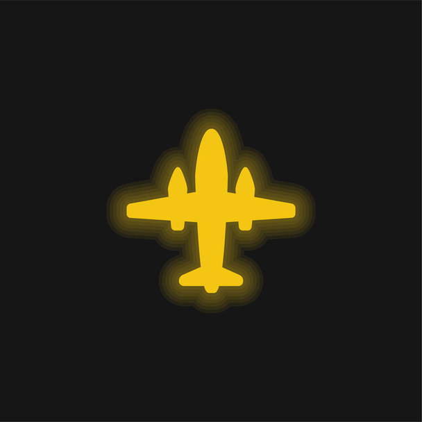 Repülőgép két nagy motor sárga izzó neon ikon - Vektor, kép