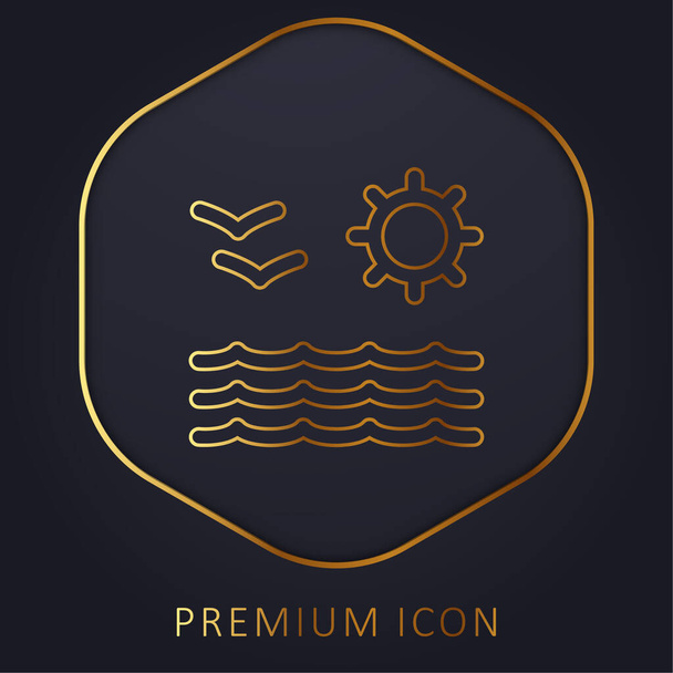Vista a la playa de mar sol y gaviotas par de línea dorada logotipo premium o icono - Vector, imagen