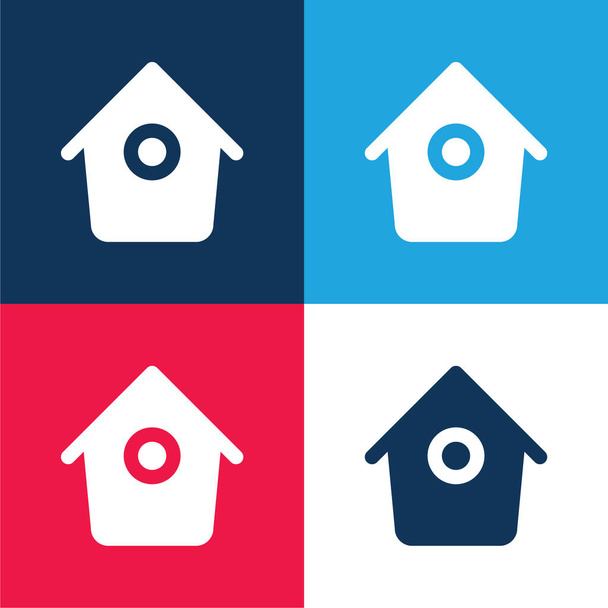 鳥の家小さな丸い穴の青と赤の4色の最小アイコンセット - ベクター画像