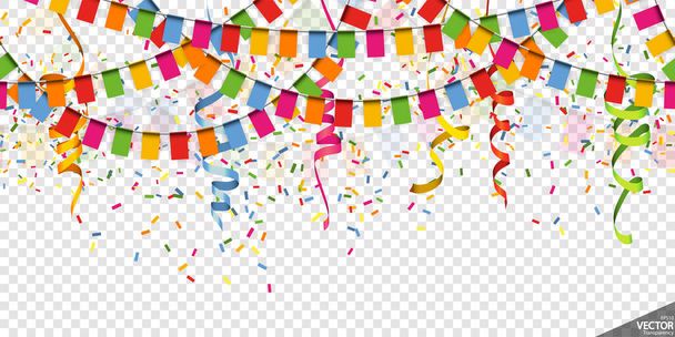 EPS 10 vector illustration of colored happy garlands, streamers and confetti on transparent background (transparency in vector file) for carnival party or birthday template usage - Vector, Image