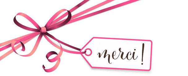 EPS 10 Векторна ілюстрація носової стрічки рожевого кольору та подарункової смуги ізольовані на білому тлі з повішеним тегом та привітаннями " Дякую " (французький текст милосердя
) - Вектор, зображення