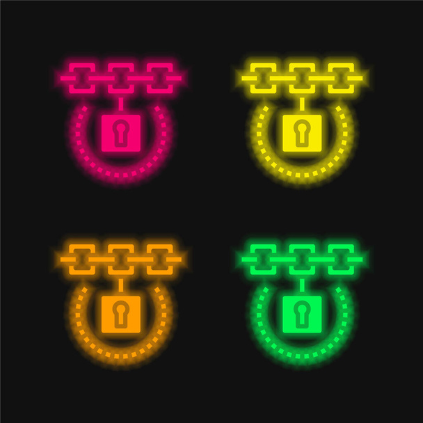 Blockchain четыре цвета светящийся неоновый вектор значок - Вектор,изображение