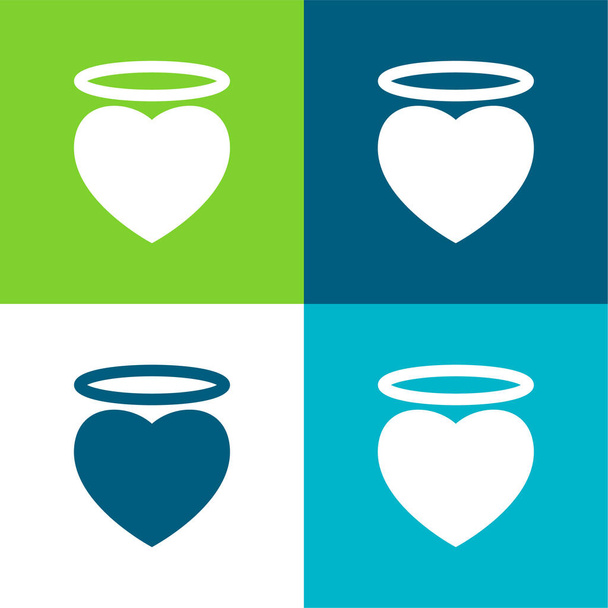Ángel corazón con un halo plano de cuatro colores mínimo icono conjunto - Vector, imagen