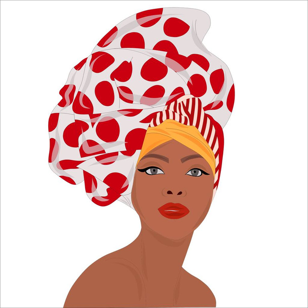 頭の上に明るい美しいスカーフターバンでスタイリッシュなアフリカの女性。黒人女性の民族美。トレンドとファッション2022 - ベクター画像
